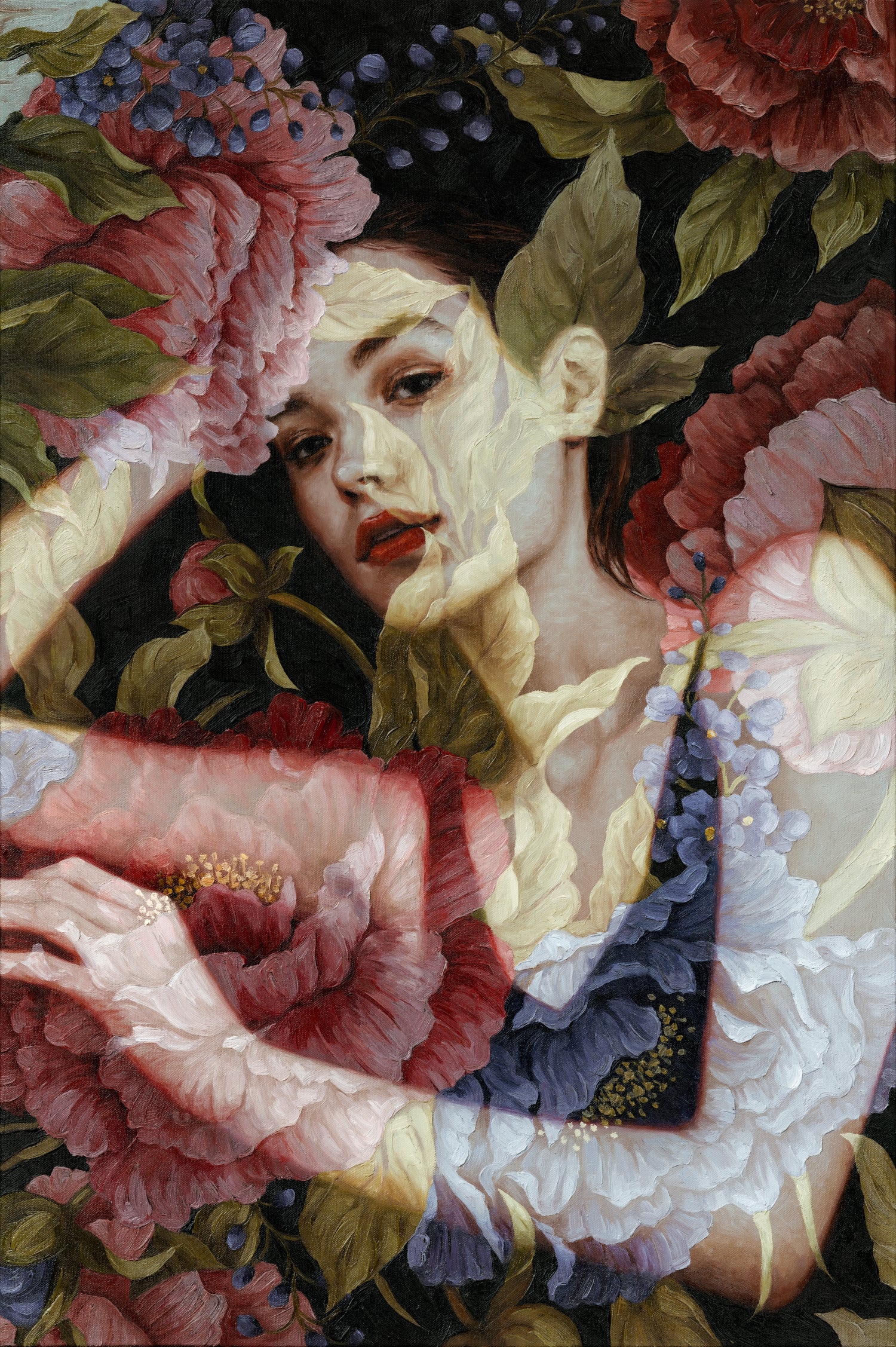Romantic double exposure floral portrait by Jess Currier, showcasing an innovative blend of realism and impressionism.